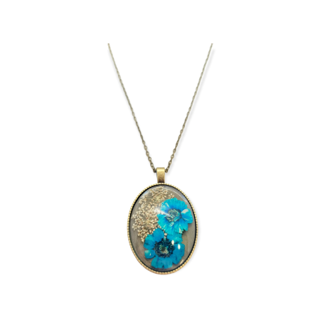 Necklace bronze oval blue flowers1